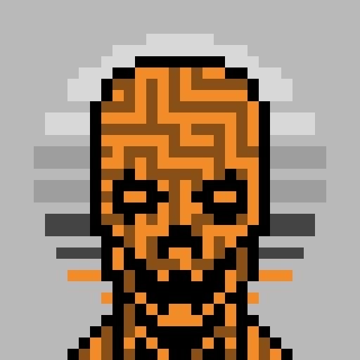 Pixel art portrait of a character with an orange and black maze-patterned face, dark hollow eyes, wearing a white hood.