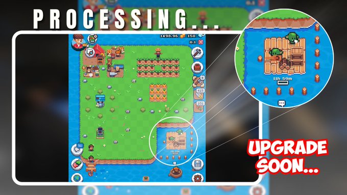 A Screenshot from 0xSunflowerLand game showing "PROCESSING..." text overlay, with a zoomed-in circle highlighting a wooden dock area on the water labeled "UPGRADE SOON..." indicating progress toward unlocking Petal Island. The visible timer of "11h 55m" and resources being gathered support the post about completing expansions and needing to gather materials within 12 hours for the final upgrade.