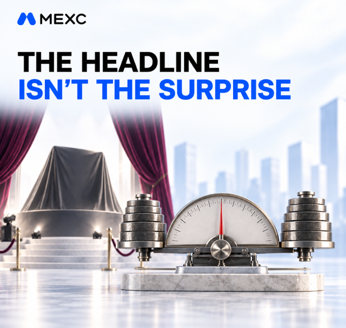A MEXC cryptocurrency exchange advertisement reading 'THE HEADLINE ISN'T THE SURPRISE,' featuring a covered object on a pedestal and a balance scale with weights in the foreground.