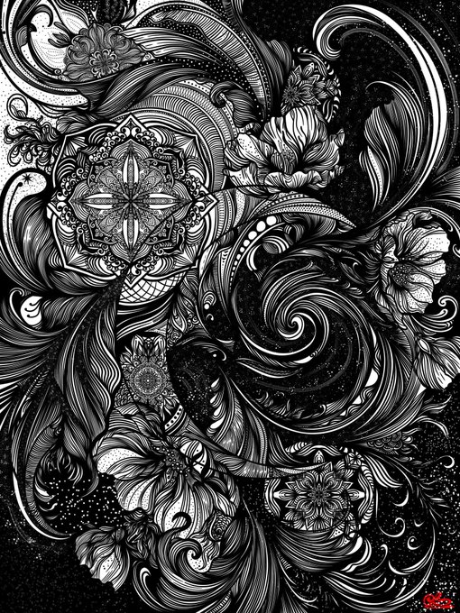This image is the 1st Edition artwork "Moonwoven Dreams," featuring an intricate black-and-white pen illustration with flowing floral motifs, swirling patterns, and mandala-like designs against a cosmic dotted background—now sold to a collector. The post celebrates the piece finding its first home and credits the new owner, matching the ornate, dreamlike aesthetic shown in the detailed linework.