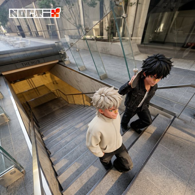 Two stylishly dressed cartoon figures with sunglasses standing on a modern staircase in what appears to be 'THE HUB' building, with an 'NFT.NYC' logo in the corner.