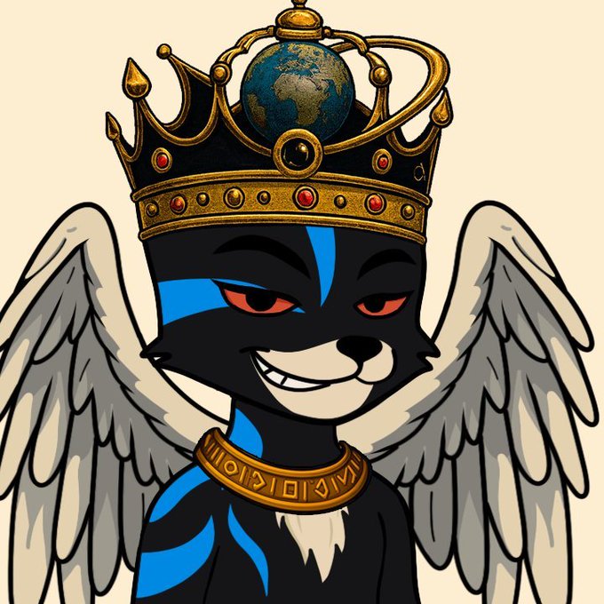 A stylized cartoon character features a black cat-like face with red eyes and blue markings, wearing an ornate gold crown with a globe on top, angel wings, and a gold collar.