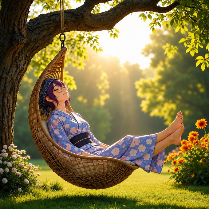 Anime-style illustration of a girl in a blue floral yukata relaxing in a wicker hammock hanging from a tree in a sunlit garden with flowers.