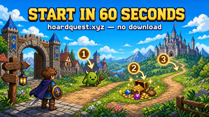 The image features an advertisement for a video game called Hoard Quest. The game's title is displayed at the top of the image, along with instructions on how to start the game within 60 seconds. The game description suggests that players should pick a name, jump into Fight monsters, grab loot, and level up their characters to progress through the game.

The advertisement also mentions that there are no downloads required for this particular game. It encourages players to connect their Solana wallet to the game's website to access free in-game rewards. The image includes a castle and a path with a treasure chest on it, which adds to the overall theme of the game.