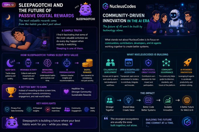 The image features two different infographics side by side, both focused on the concept of sleep and its importance in our daily lives. On one side, there's a colorful infographic with a cartoon character named Sleepagotchi sleeping peacefully surrounded by various activities such as playing video games or reading books. The other side presents an infographic displaying a futuristic scene of people who have been given access to sleep technology that allows them to sleep while their homes are monitored and personalized based on their habits, providing them with additional resources for learning and personal development during their sleep time. Both infographics aim to emphasize the significance of good sleep hygiene in improving overall well-being and quality of life.