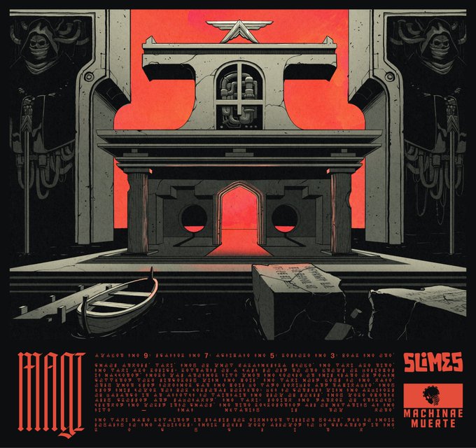 A poster for a 'MACHINE MUERTE' event on 'SEP 25', featuring a red and black illustration of a stylized building with a skull-like face and a boat.