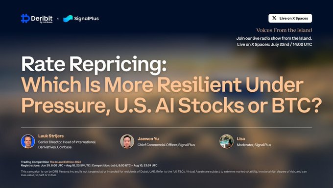 A promotional graphic for Deribit and SignalPlus's "Voices from the Island" X Space event on July 22nd at 14:00 UTC, titled "Rate Repricing: Which Is More Resilient Under Pressure, U.S. AI Stocks or BTC?" featuring speakers Luuk Strijers, Jaewon Yu, and moderator Lisa.