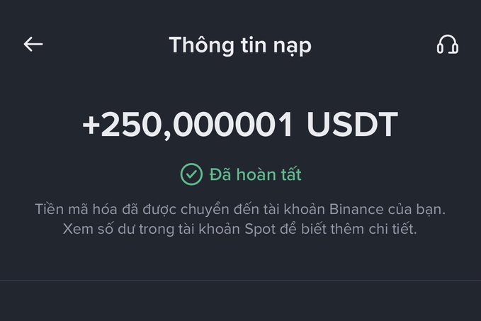 A Binance deposit confirmation screen in Vietnamese showing a successful transfer of 250.000001 USDT, with the text "Đã hoàn tất" (Completed) confirming that the cryptocurrency has been credited to the user's Binance spot account—visually representing the "paycheck" from Web3 referenced in the post.