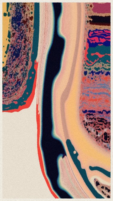 An abstract digital artwork featuring flowing, vertical liquid-like shapes in pink, red, teal, and black, alongside textured colorful patterns on the right side.