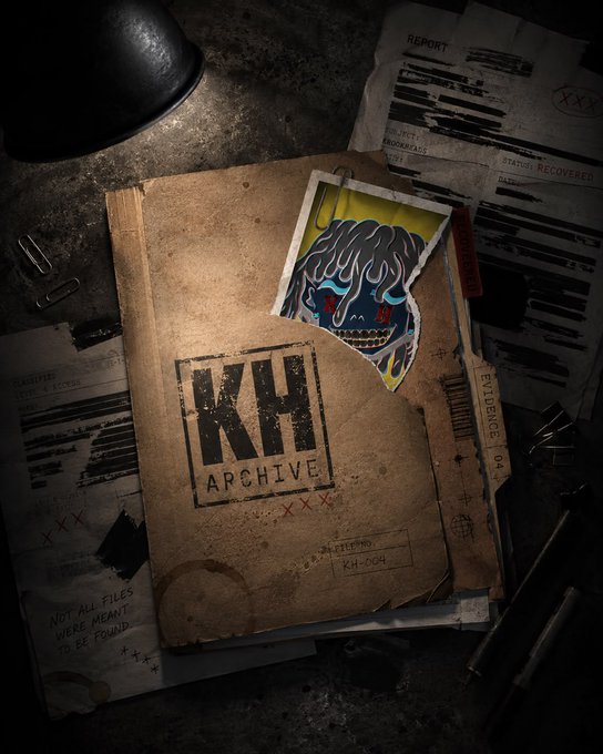A weathered, dark, atmospheric image of a manila folder labeled 'KH ARCHIVE' with a sticker of a blue crying flame-headed character, scattered among papers marked 'REPORT', bullet shells, and other investigative items on a dark surface.