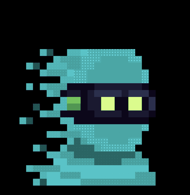 A pixel-art ghost character with glowing yellow-green eyes floats against a black background, appearing to dissolve into pixelated fragments on its left side. The image serves as a profile picture (PFP) accompanying a post about acquiring a "zksnarks_" NFT, fitting the collector's theme of showcasing their new digital collectible.