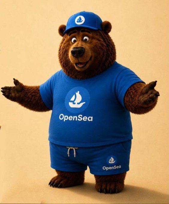 A cheerful brown bear mascot wearing a blue "OpenSea" t-shirt, cap, and shorts stands with arms outstretched, visually reinforcing the post's announcement that an OpenSea tokens launch is on the way.