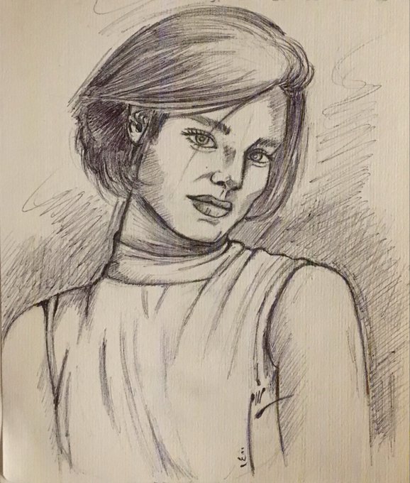 A hand-drawn pencil sketch portrait of a woman with short, swept-back hair wearing a high-necked top, looking directly at the viewer with a serious expression.