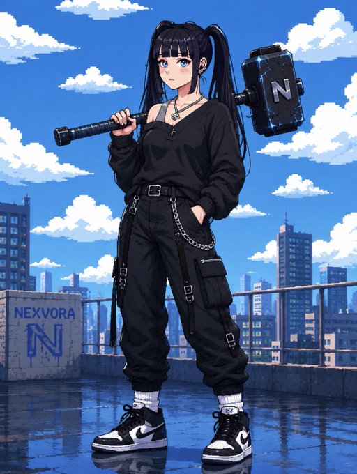 An anime-style illustration of a dark-haired female character in black streetwear holding a large hammer labeled 'N', standing on a rooftop with a 'NEXVORA' sign and city skyline behind her.