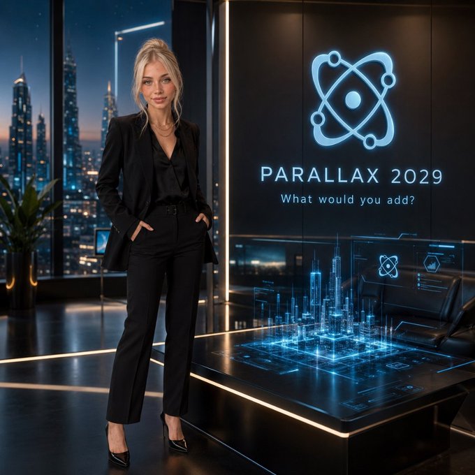 A woman stands in a futuristic high-rise beside a glowing digital city display labeled “PARALLAX 2029 — What would you add?” The scene visualizes the post’s invitation to imagine new features for Parallax’s larger, more advanced future ecosystem.