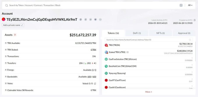 A screenshot of a website displaying various financial information related to cryptocurrency trading and token markets. The image showcases a table with columns for "Account Name", "Address", and "Balance", providing insights into different cryptocurrency accounts and their balances. Additionally, there is a list of tokens, with each token having its own account balance displayed below it. The post about Tron Inc. discussing the company's massive token holdings also provides further context to this image by referencing an actual screenshot from another website that shows the same information in a more detailed format.