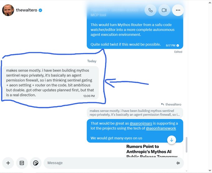 In the image, there are two messages posted side by side. The larger message is posted in blue text with an arrow pointing at the smaller message below it. Both of these messages contain text written in white. Below the messages, a caption reads "RUMORS Point to Mythos AI. The following update is currently active and worth $MYTHOS. This is really bullish" indicating that there's an ongoing beta release of Mythos AI software.