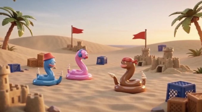 A whimsical 3D illustration of three anthropomorphic snakes—one blue with a red fez, one pink with headphones, and one brown with a red bandana—gathered in a desert with sandcastles, crates, and red flags.