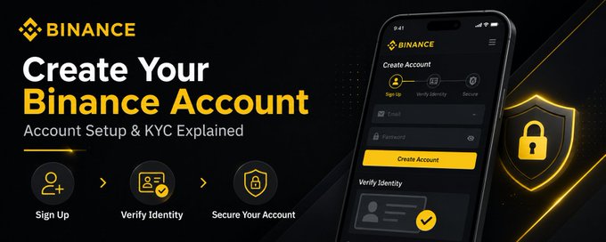 A promotional banner for Binance cryptocurrency exchange with text 'Create Your Binance Account' and 'Account Setup & KYC Explained', showing the sign-up process steps: Sign Up, Verify Identity, and Secure Your Account.