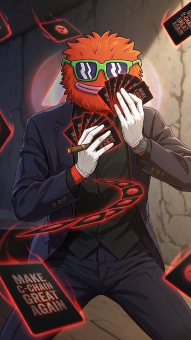 Anime-style illustration of a red fuzzy character in a suit and green sunglasses holding a fan of red 'MAKE C-CHAIN GREAT AGAIN' playing cards, with a cigar and glowing red energy.