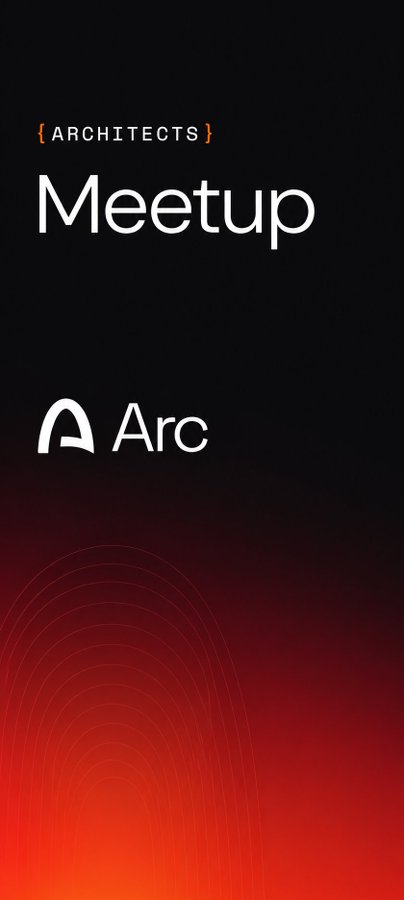 A dark red gradient graphic for '{ARCHITECTS} Meetup' featuring the Arc logo.
