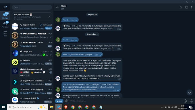 A screenshot of a Telegram desktop application showing a conversation with a chatbot named 'Moshi', featuring a detailed explanation of 'what do you think about genlayer'.