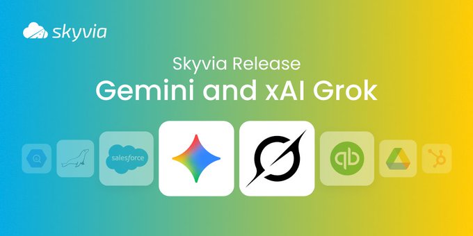 The image features a banner that promotes the release of two new apps - "Gemini and xAI Grok" and "#Skyvia Release". The app names are displayed at the top, while the app icons are placed below them. The text in the image suggests that these apps can be integrated into various operational systems or workflows to enhance productivity and efficiency.