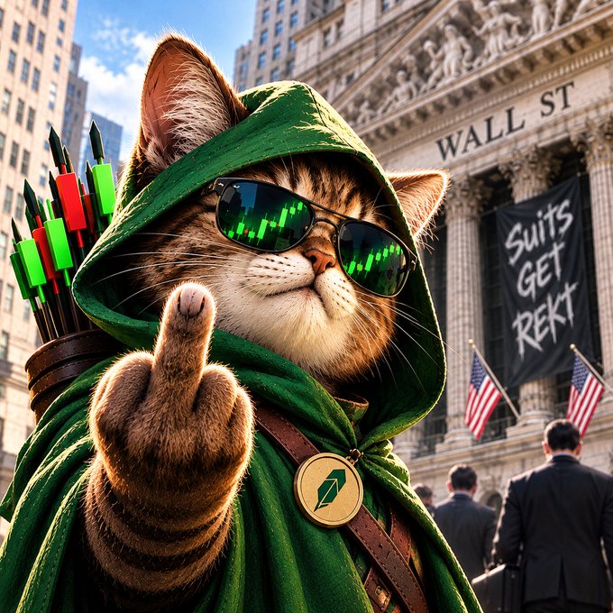 A digital artwork of a cat dressed as a green-hooded archer, giving the middle finger, wearing sunglasses reflecting green trading charts, with a 'Wall St' building and a 'Suits GET REKT' banner in the background.