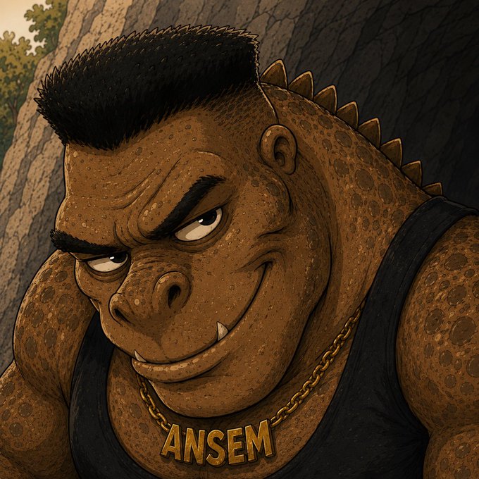 An illustrated portrait of a muscular, reptilian character with a mohawk, spikes along its back, and a gold chain necklace bearing the name 'ANSEM'.