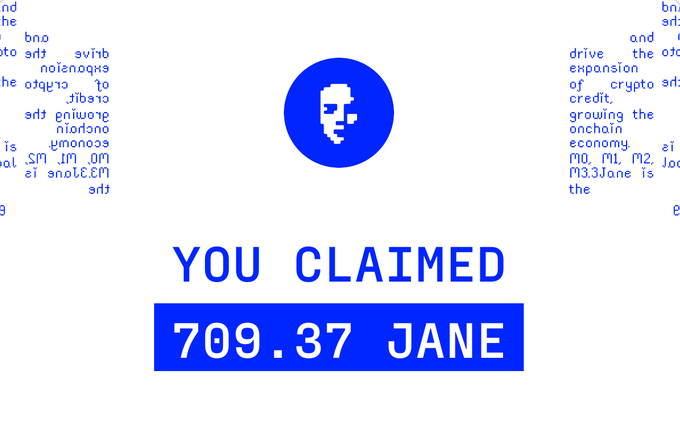 Digital graphic with blue pixel-art logo and text 'YOU CLAIMED 709.37 JANE' centered on a white background with surrounding pixelated text.