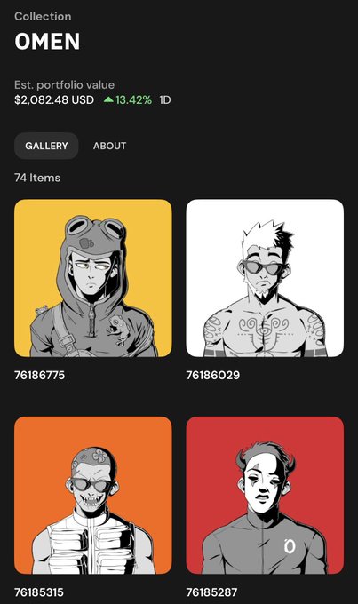 A digital NFT collection called "OMEN" displaying a portfolio value of $2,082.48 USD with a 13.42% increase, featuring 74 items including illustrated characters with item IDs like 76186775 and 76186029.