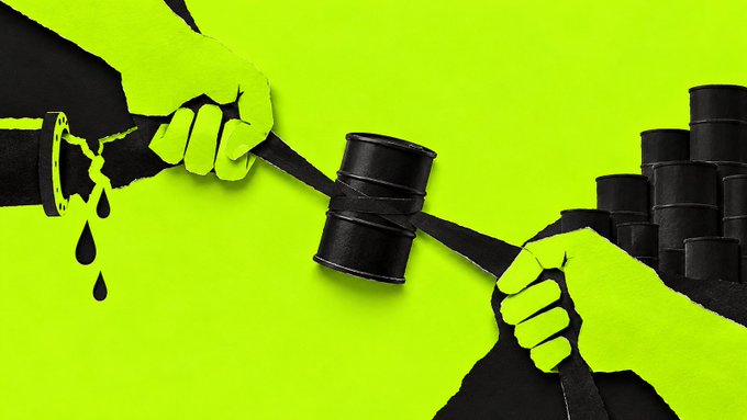 A stylized illustration with a yellow-green background depicts a hand in a handcuff being passed an oil barrel on a stick by another hand, with a stack of oil barrels in the background, symbolizing oil geopolitics.