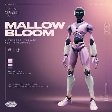 A character design poster displays a purple and white humanoid robot titled 'MALLOW BLOOM' from 'OTHERVERSE VOYAGER', described as 'A VOYAGER VARIANT FOR OTHERSIDE'.