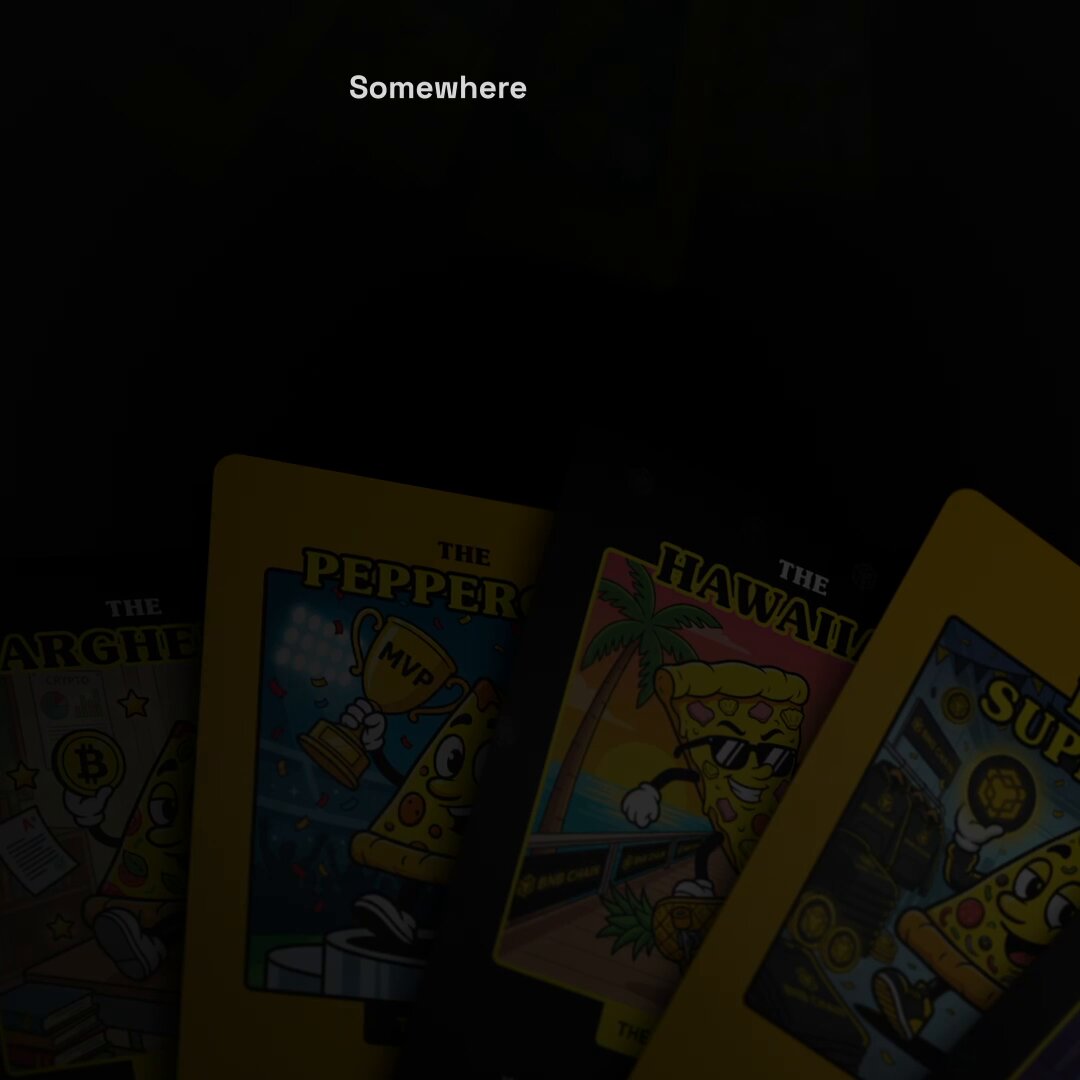 The image features a collection of four different pizza-themed cards, each with its own unique design and character. The cards are arranged in a row against a black background, creating an interesting visual contrast. The text "Somewhere" can be seen at the top left corner of the image, while "The Pepper" is located on the right side of the first card. The other three cards have their own distinct designs and characters, adding variety to the collection.
