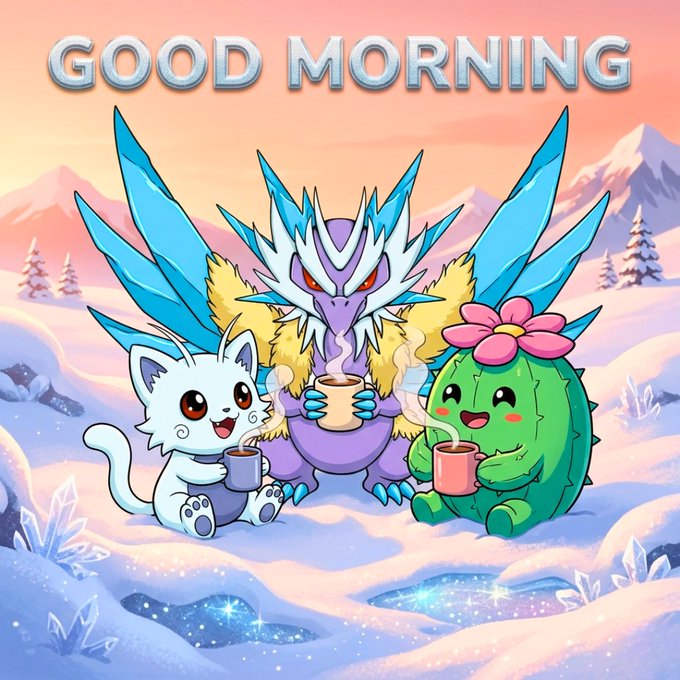 Animated 'GOOD MORNING' greeting card featuring Pokemon Alolan Ninetales, an Alolan Vulpix, and a Cacnea drinking hot beverages together in a snowy landscape at sunrise.