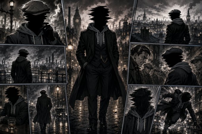 A noir-style comic collage shows a faceless, shadowy figure in a flat cap and trench coat standing in a foggy, industrial cityscape, with surrounding panels depicting him in various dramatic scenes—sipping a drink, walking through rain, and confronting others—symbolizing resilience and mystery through the "bear market" struggles.