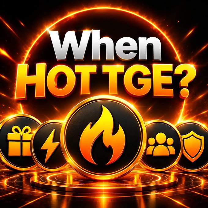 A fiery promotional graphic with the text 'When HOT TGE?' surrounded by icons including a gift, lightning bolt, fire, people, and shield, suggesting an upcoming token generation event.
