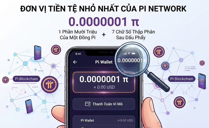 The image shows a promotional graphic about Pi Network's smallest currency unit, displaying "0.0000001 π" (1 Phần Mười Triệu Của Một Đồng PI + 7 Chữ Số Thập Phân Sau Dấu Phẩy) on a smartphone's Pi Wallet screen, surrounded by blockchain network graphics and Pi logos.

The visual illustrates the accompanying text's explanation of cryptocurrency smallest units, highlighting Pi Network's equivalent denomination as roughly 0.00 USD per unit, similar to how Bitcoin uses Satoshis and Ethereum uses Wei.