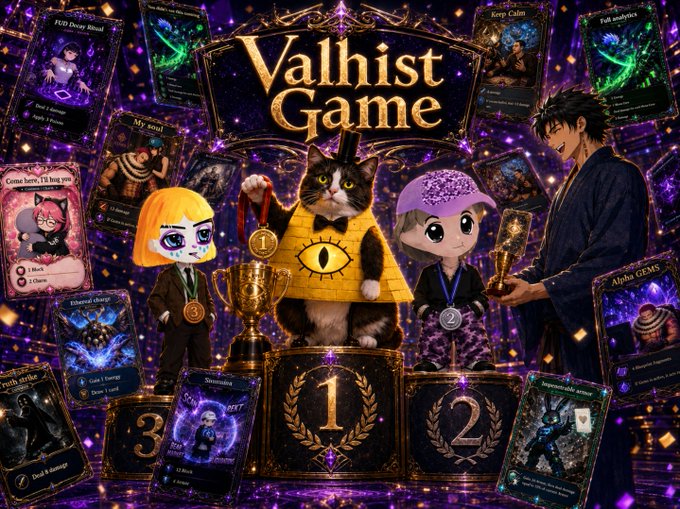 The image showcases the results of the 1st "Perfect Combination" tournament for Valhist Game, featuring a podium with a top-hatted cat in 1st place, a blonde character in 3rd, and a cap-wearing character in 2nd, surrounded by various game cards like "PED Desert Ritual," "Come here, I'll hug you," and "Alpha GEMS."