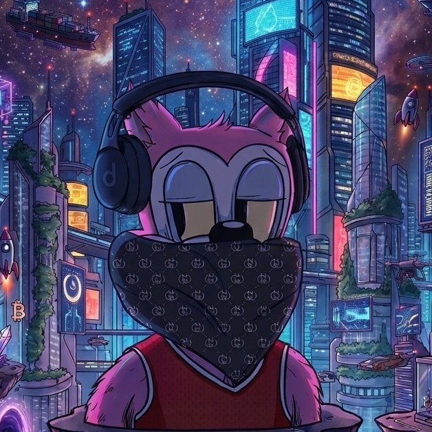 An animated illustration of a purple anthropomorphic animal character wearing headphones, a Gucci-patterned bandana, and a red jersey, set against a vibrant cyberpunk cityscape.