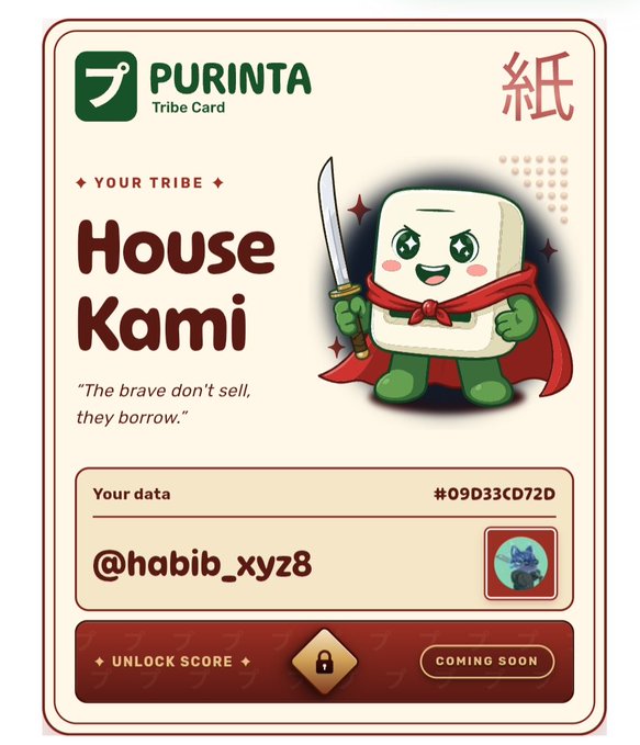 The image features a poster for Purinta Tribe Card that includes a cartoon character holding a sword with a smile, accompanied by text about the card's purpose and how it can be used. The poster also contains a social media share button and a link to an account on Instagram, suggesting that the card is being promoted through various online platforms.
