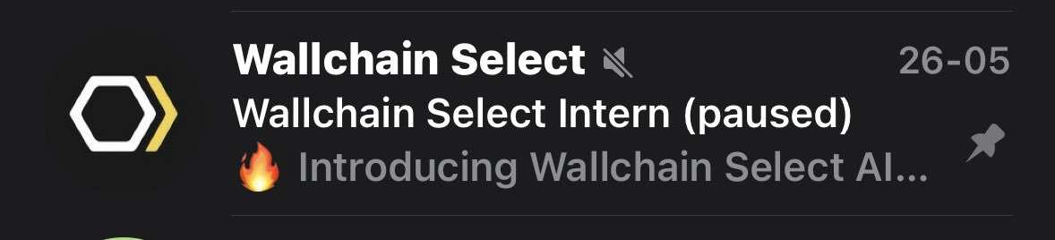 A Discord server notification showing 'Wallchain Select' with a muted icon, dated 26-05, indicating an intern role is paused and announcing 'Introducing Wallchain Select AI...'