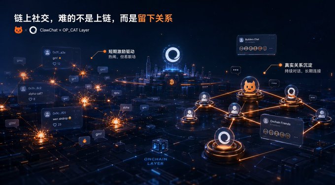 A futuristic dark-themed promotional graphic for "ClawChat × OP_CAT Layer" with the headline "链上社交，难的不是上链，而是留下关系," featuring interconnected network nodes, chat bubbles with usernames like "0x11.eth" and "0x3c..8c2," and labels such as "短期激励驱动" and "真实关系沉淀," visualizing the concept of on-chain social connection emphasized in the post about ClawChat Season 1.