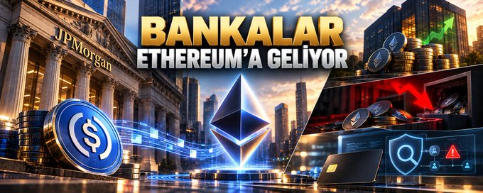 A thumbnail shows JPMorgan’s classical bank building beside a glowing Ethereum logo, stacks of USD coins, rising prices, and a cybersecurity screen. Large text reads “BANKALAR ETHEREUM’A GELİYOR,” matching the post’s claim that JPMorgan moved JPM Coin to Ethereum while BitMine focuses on ETH.