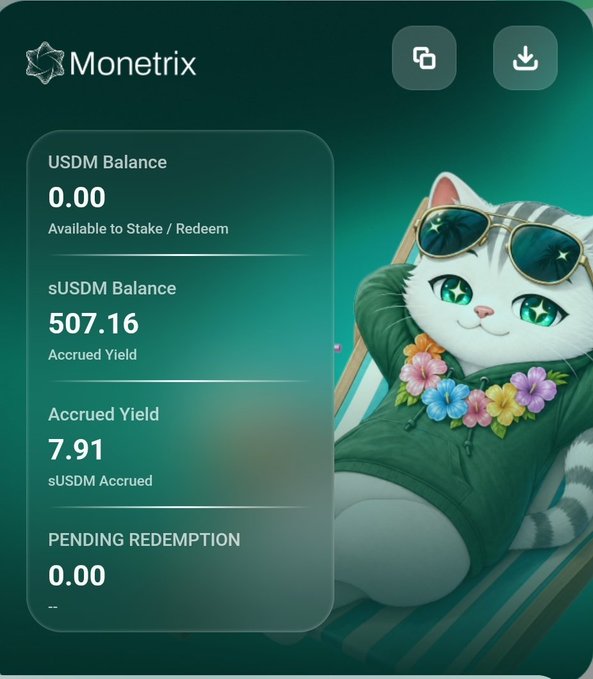 A screenshot of the Monetrix dashboard showing a USDM Balance of 0.00, sUSDM Balance of 507.16 (Accrued Yield), and Accrued Yield of 7.91 sUSDM, alongside an illustration of a cat wearing sunglasses and a flower lei lounging on a beach chair. The image visually represents the modest but steady yield earnings the author is highlighting, fitting the post's playful "honest work" tone while showcasing the platform's staking returns (~13.5% APY mentioned).