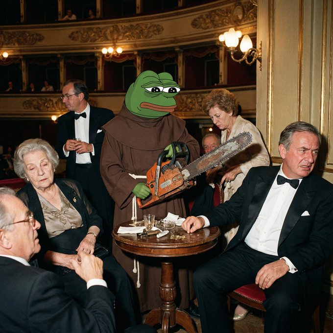A surreal composite image depicting a person in a Pepe the Frog monk robe holding a chainsaw among formally dressed patrons at an ornate theater venue.