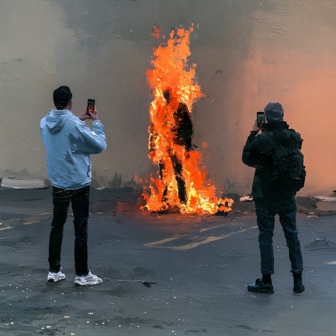 Two people stand filming a large, human-like sculpture that is engulfed in bright orange flames, rendered in a stylized, painterly filter.