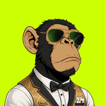 Digital illustration of a monkey wearing sunglasses, a vest with a 'DEALER' name tag, and playing cards on a bright green background.