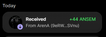 A notification showing a received transaction of +44 ANSEM tokens from Arena (9eRW...SVnu), illustrating the user's recent acquisition of ANSEM holdings highlighted in the accompanying post.