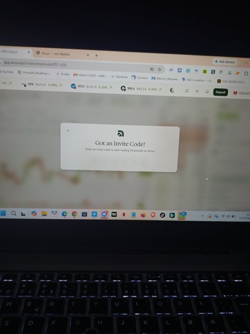A laptop screen displays the Aerce perpetual futures trading interface with a 'Got an Invite Code?' dialog box, with ticker prices visible including MPE, NTC, RBLX, and DRC.